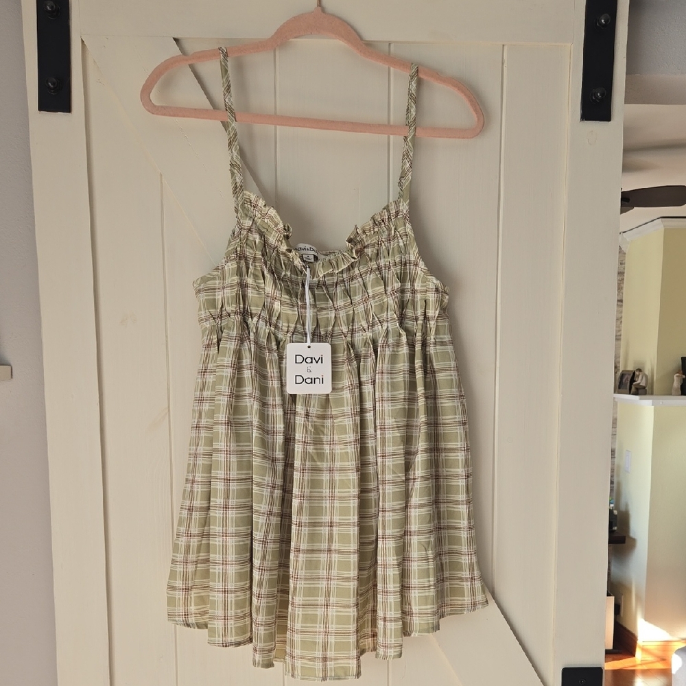 DAVI & DANI Olive Plaid Smocked Cami with  Straps
